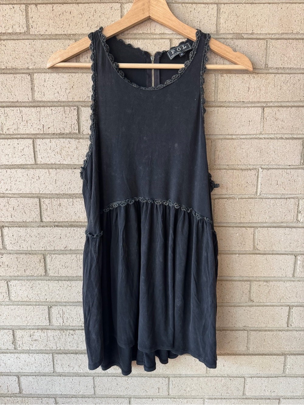 POL Distressed Burnout Black Lace-Trim Sleeveless Tunic Top